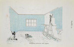 Stripping poisonous wall papers, illustration from Dangers to Health: A Pictorial Guide to Domestic Sanitary Effects, published 1897 by Thomas Pridgin Teale